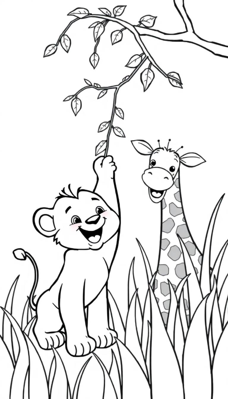 Ein Löwenwelpe versucht, einen Ast mit Blättern zu erreichen, während eine Giraffe hinter ihm grinst.