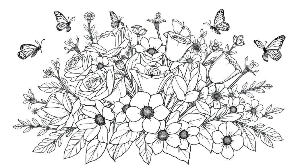 Schwarz-Weiß-Farbtafel eines Blumenarrangements mit Schmetterlingen.