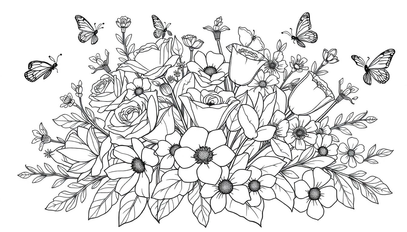 Schwarz-Weiß-Farbtafel eines Blumenarrangements mit Schmetterlingen.
