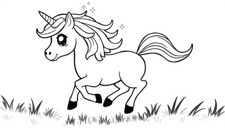 Schwarz-weiße Farbtafel eines niedlichen Cartoon-Einhorns im Galopp auf einem Grasfeld, mit einem welligen Schweif und Mähne, umgeben von funkelnden Sternen.