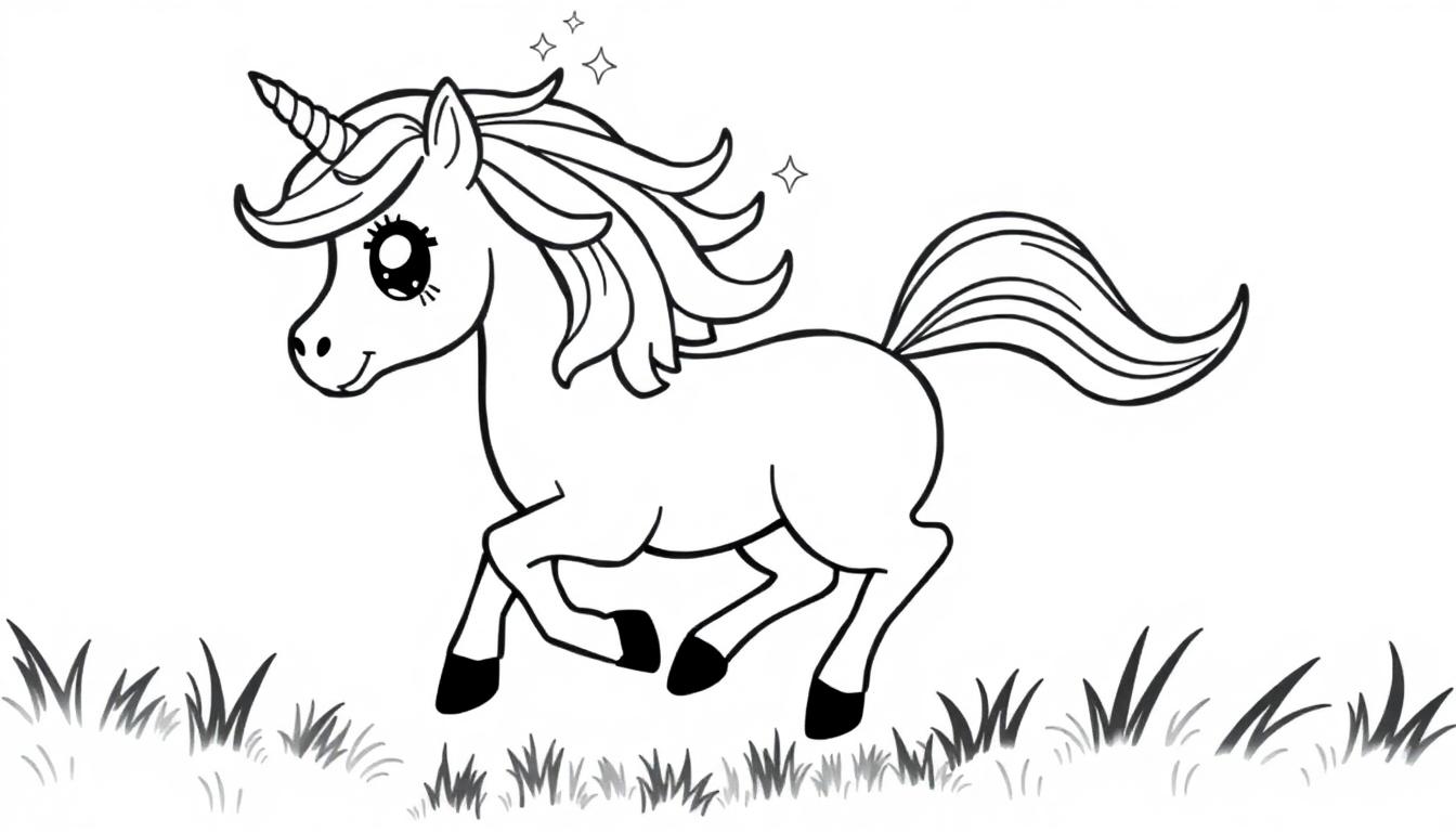Schwarz-weiße Farbtafel eines niedlichen Cartoon-Einhorns im Galopp auf einem Grasfeld, mit einem welligen Schweif und Mähne, umgeben von funkelnden Sternen.