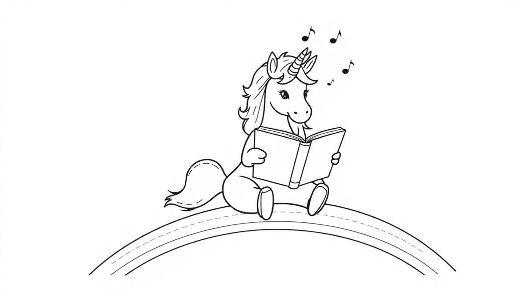 Eine Schwarz-Weiß-Farbtafel eines niedlichen Cartoon-Einhorns, das auf einem Regenbogen sitzt und ein Buch liest.