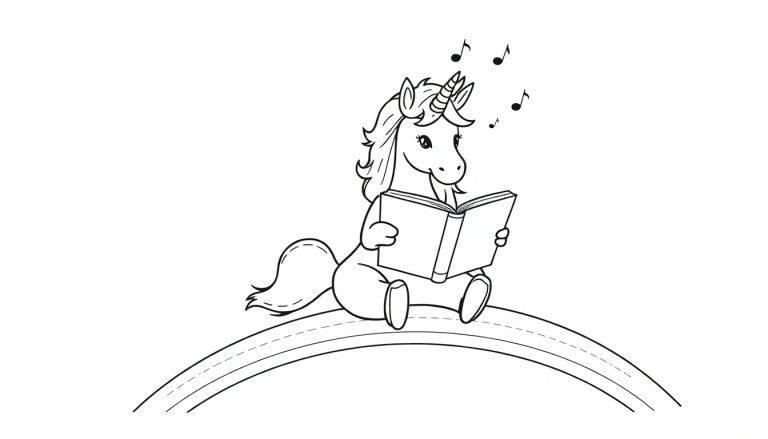 Eine Schwarz-Weiß-Farbtafel eines niedlichen Cartoon-Einhorns, das auf einem Regenbogen sitzt und ein Buch liest.