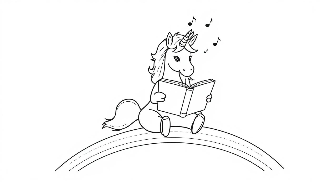 Eine Schwarz-Weiß-Farbtafel eines niedlichen Cartoon-Einhorns, das auf einem Regenbogen sitzt und ein Buch liest.