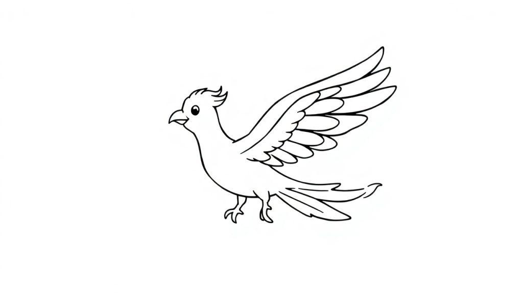 Eine Schwarzweißzeichnung eines Phönix Vogels mit ausgebreiteten Flügeln, bereit zum Ausmalen als Farbtafel.