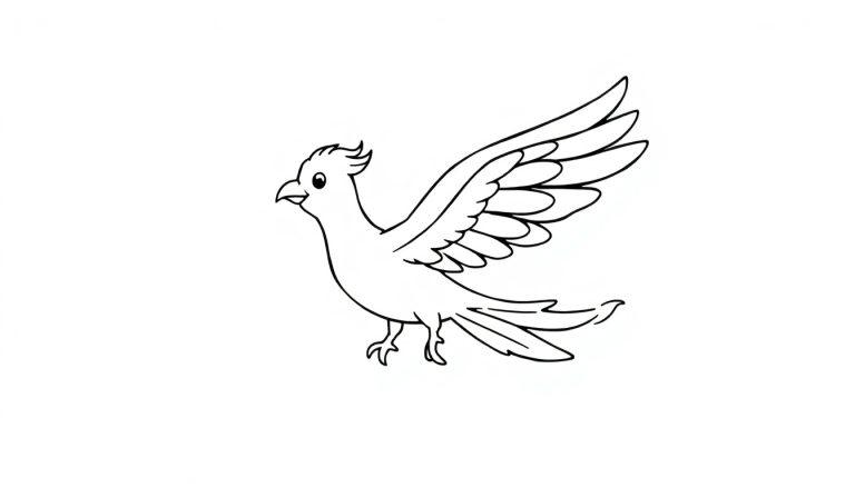 Eine Schwarzweißzeichnung eines Phönix Vogels mit ausgebreiteten Flügeln, bereit zum Ausmalen als Farbtafel.