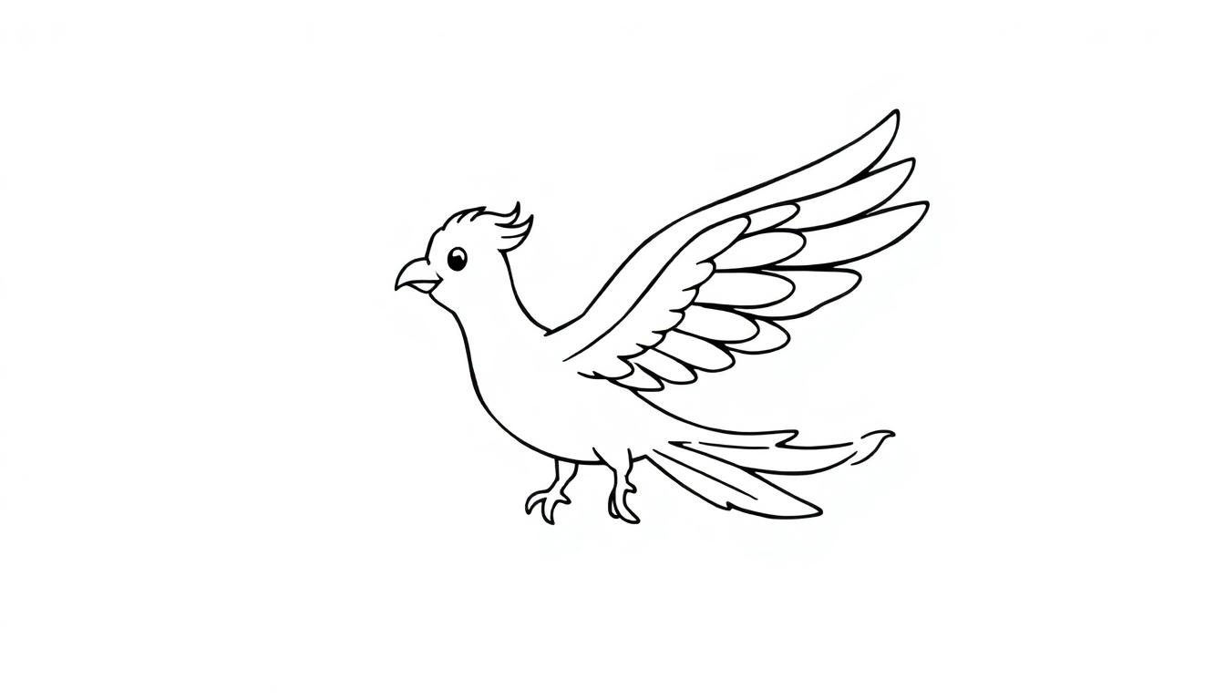 Eine Schwarzweißzeichnung eines Phönix Vogels mit ausgebreiteten Flügeln, bereit zum Ausmalen als Farbtafel.