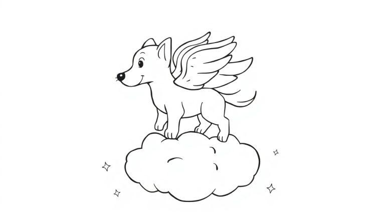 Ein schwarz-weißer Cartoon-Hund mit Flügeln und Sternen auf einer Wolke, bereit zum Ausmalen.