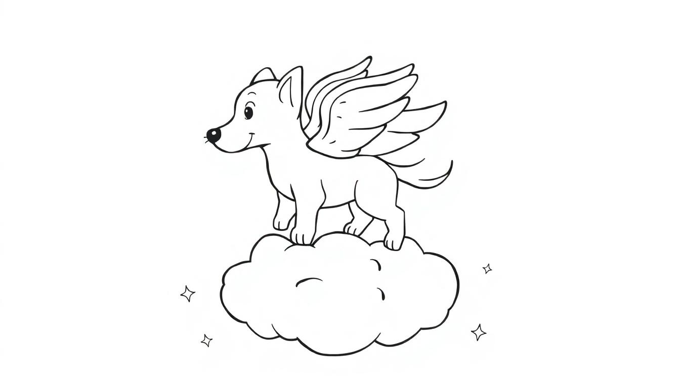 Ein schwarz-weißer Cartoon-Hund mit Flügeln und Sternen auf einer Wolke, bereit zum Ausmalen.
