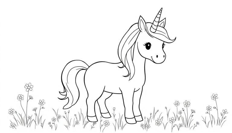 Ein niedliches, cartoonartiges Einhorn in Schwarz-Weiß, bereit zum Ausmalen, steht auf einem Feld voller Gänseblümchen. Farbtafel.