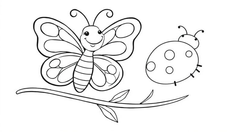 Ein lächelnder Schmetterling und ein Marienkäfer im Malbuchstil, bereit zum Ausmalen.