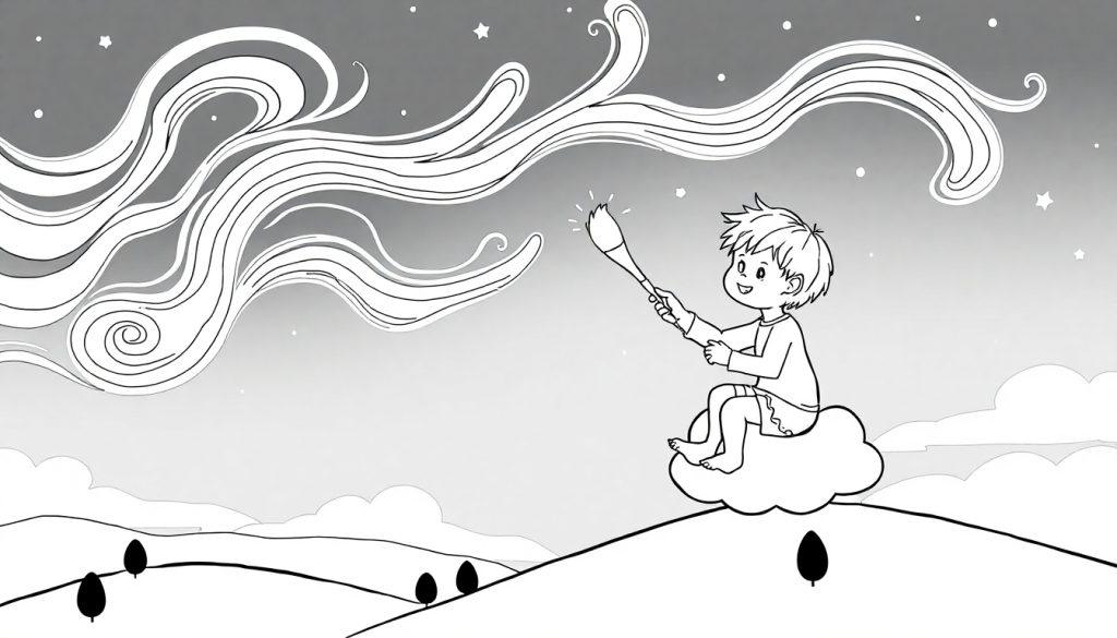 Schwarz-Weiß-Farbtafel eines Jungen, der auf einer Wolke sitzt und mit einem Pinsel am Himmel malt, um tanzende Nordlichter zu erschaffen.