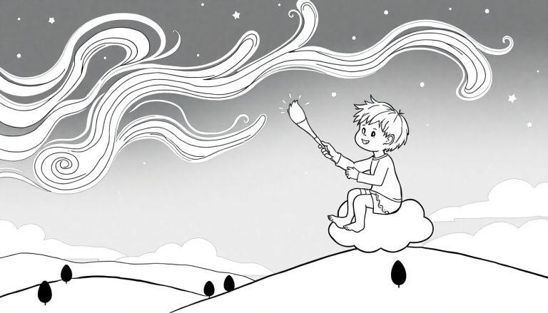 Schwarz-Weiß-Farbtafel eines Jungen, der auf einer Wolke sitzt und mit einem Pinsel am Himmel malt, um tanzende Nordlichter zu erschaffen.