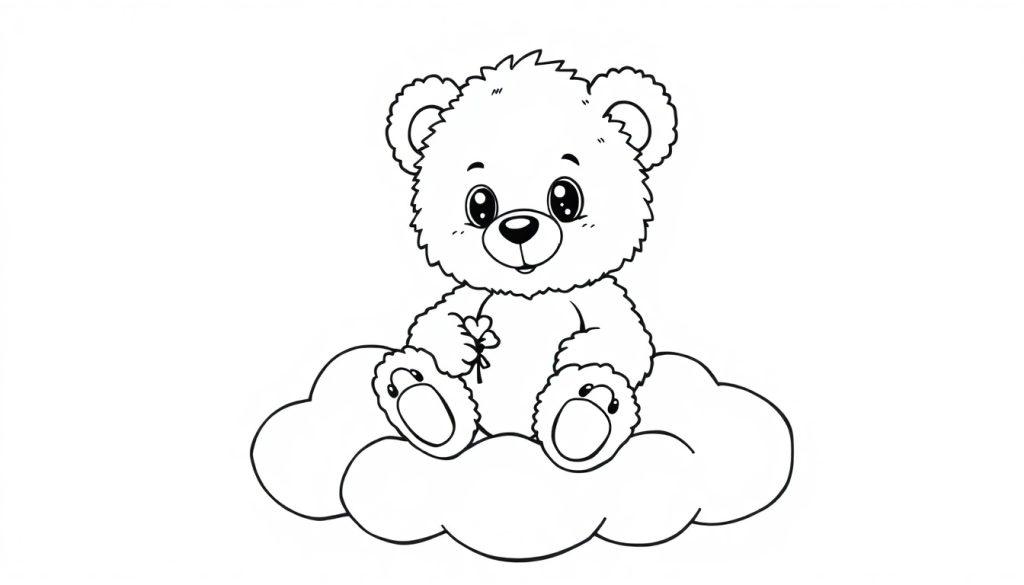 Ein süßer Teddybär sitzt auf einer Wolke und hält ein Herz, bereit zum Ausmalen als Farbtafel.