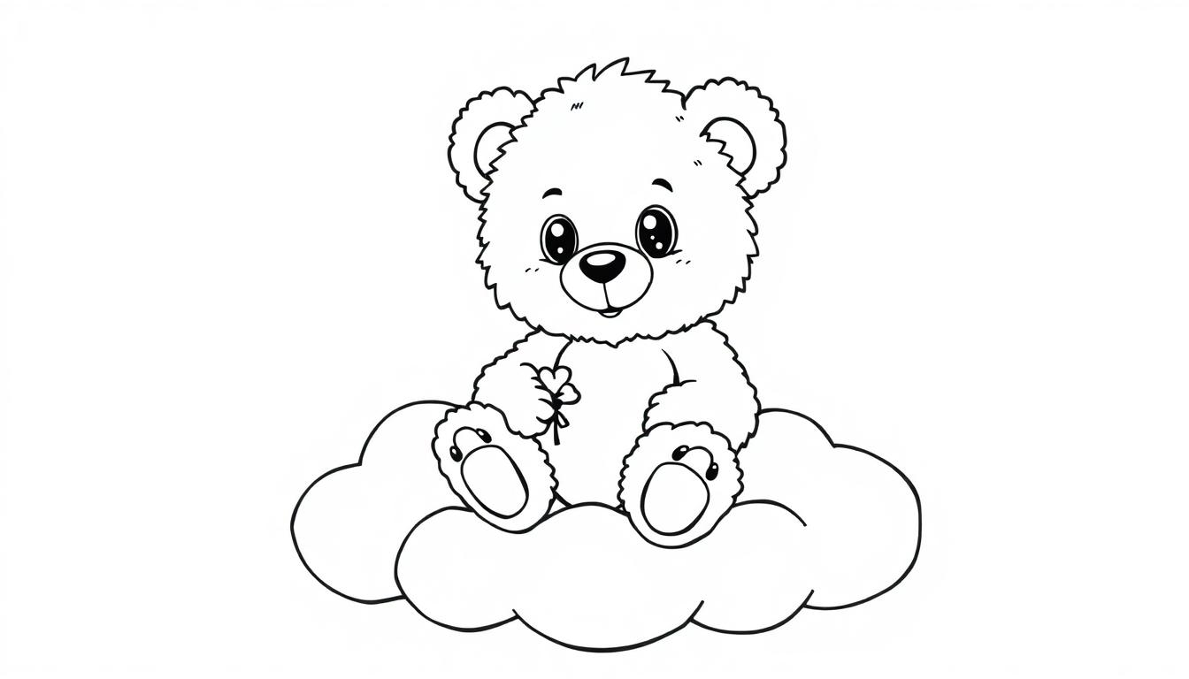 Ein süßer Teddybär sitzt auf einer Wolke und hält ein Herz, bereit zum Ausmalen als Farbtafel.