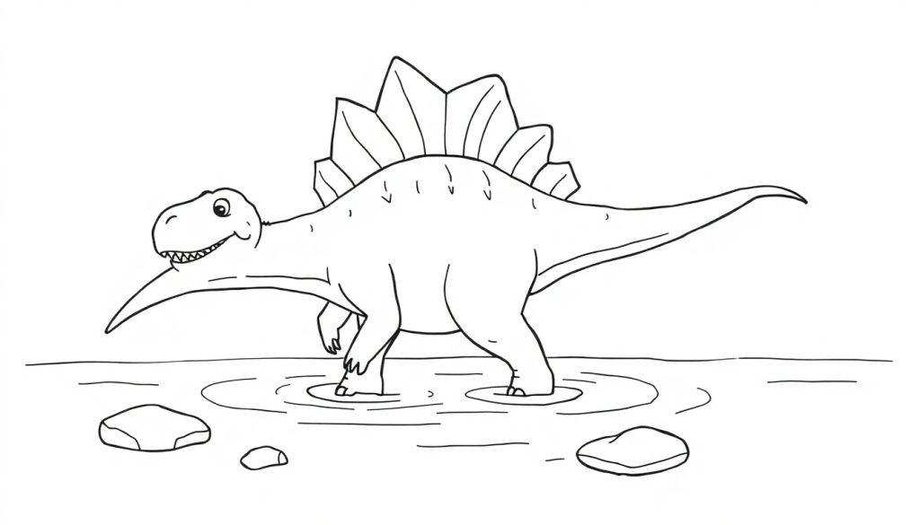 Schwarz-weiße Umrisszeichnung eines freundlichen Stegosaurus mit Rückensegeln, der im Wasser steht und lächelt – bereit zum Ausmalen als Farbtafel.