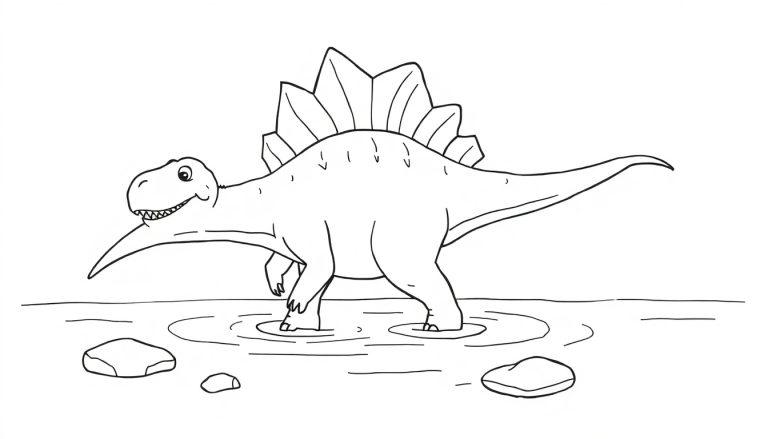 Schwarz-weiße Umrisszeichnung eines freundlichen Stegosaurus mit Rückensegeln, der im Wasser steht und lächelt – bereit zum Ausmalen als Farbtafel.