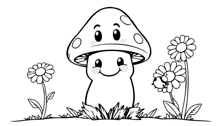Farbtafel: Freundlicher Cartoon-Pilz mit Punkten auf seinem Hut, umgeben von Blumen und Gras.
