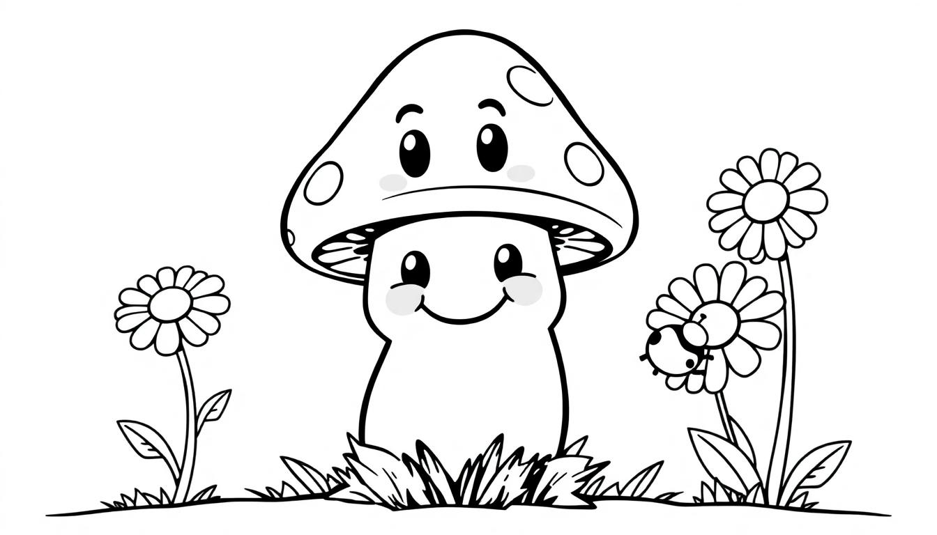 Farbtafel: Freundlicher Cartoon-Pilz mit Punkten auf seinem Hut, umgeben von Blumen und Gras.