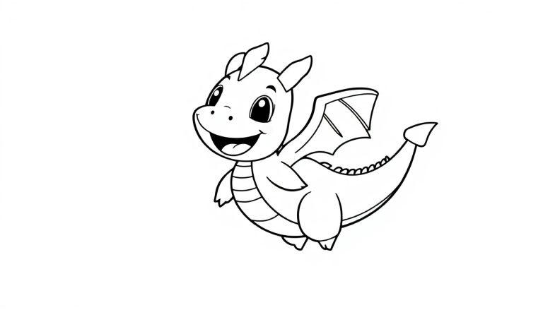 Schwarz-weiße Farbtafel eines niedlichen Chibi-Drachen mit großen Augen und kleinen Flügeln, bereit zum Ausmalen.
