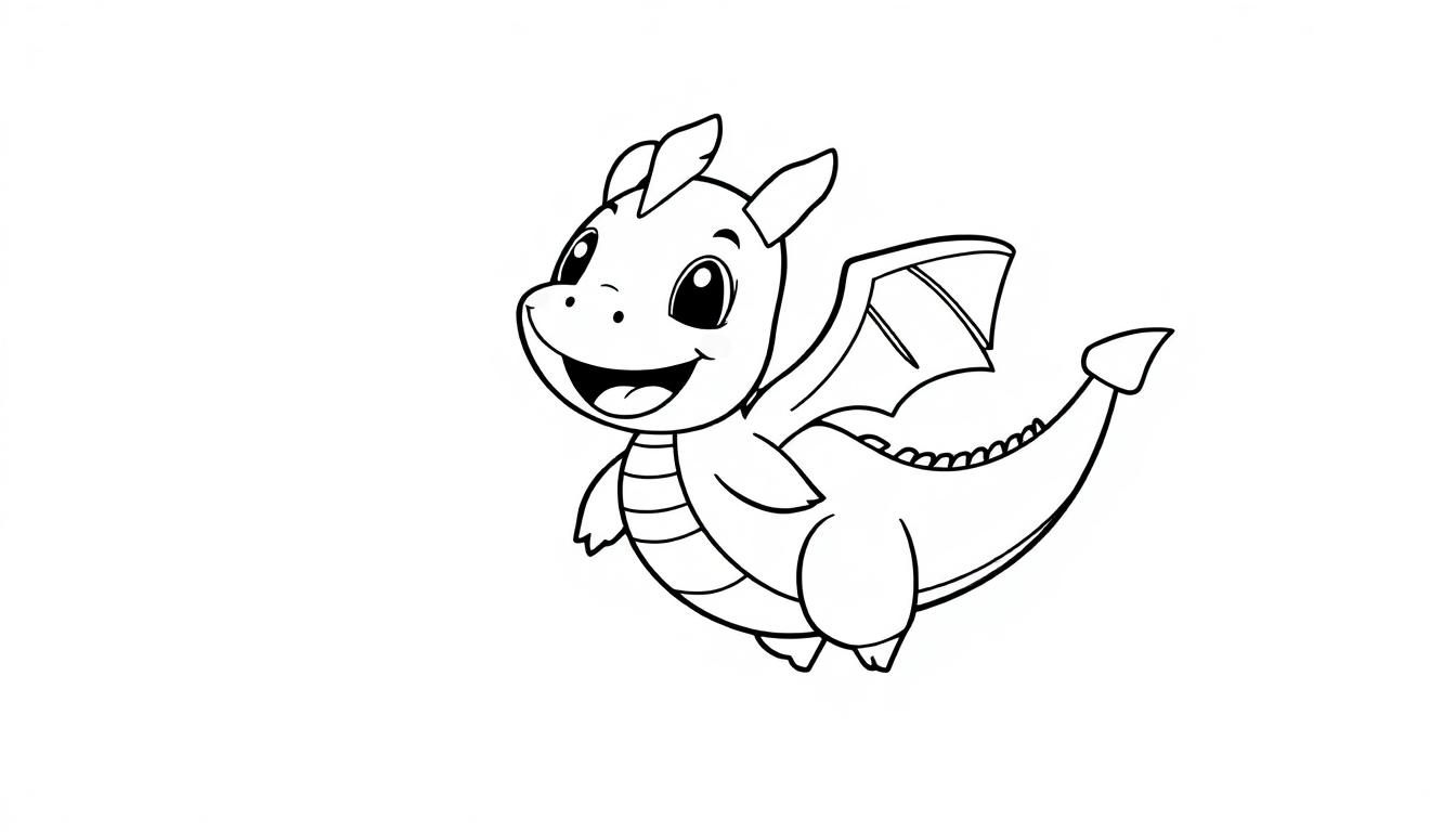Schwarz-weiße Farbtafel eines niedlichen Chibi-Drachen mit großen Augen und kleinen Flügeln, bereit zum Ausmalen.
