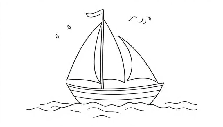 Eine schwarz-weiße Farbtafel eines Segelboots mit zwei Segeln und einer kleinen Flagge auf Wellen, mit zwei Regentropfen und drei Vögeln im Himmel.
