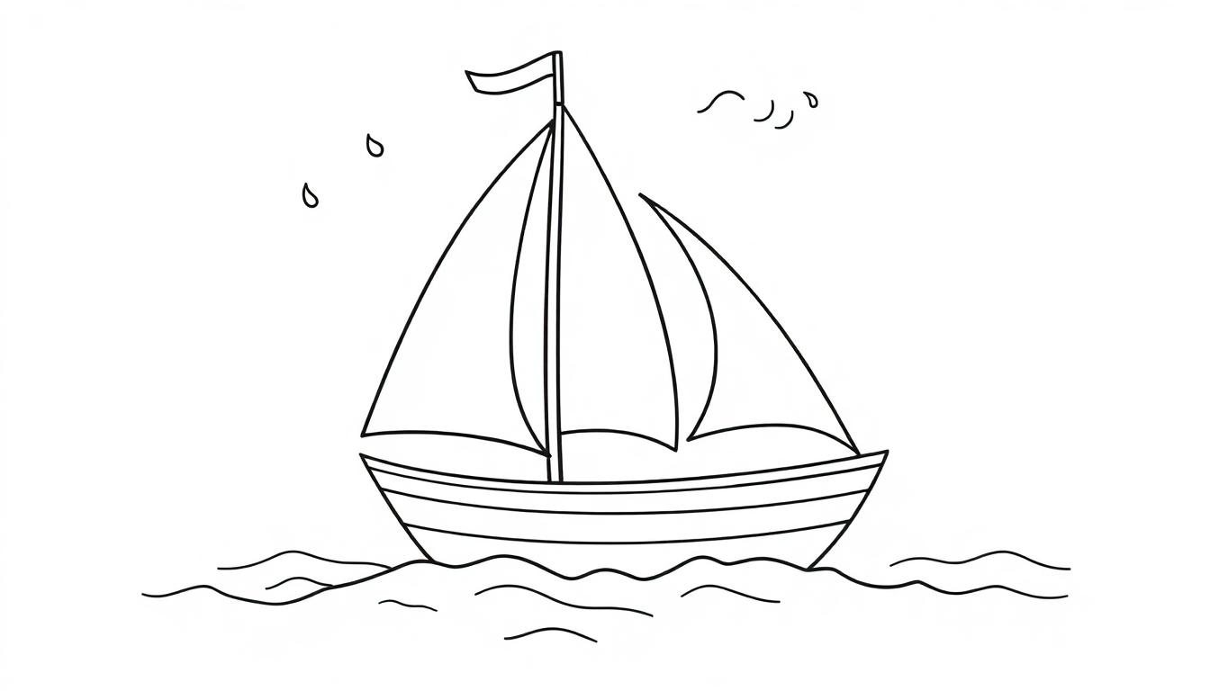 Eine schwarz-weiße Farbtafel eines Segelboots mit zwei Segeln und einer kleinen Flagge auf Wellen, mit zwei Regentropfen und drei Vögeln im Himmel.
