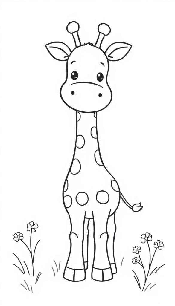 Eine niedliche Zeichentrick-Giraffe mit großen Augen und freundlichem Lächeln, bereit zum Ausmalen.