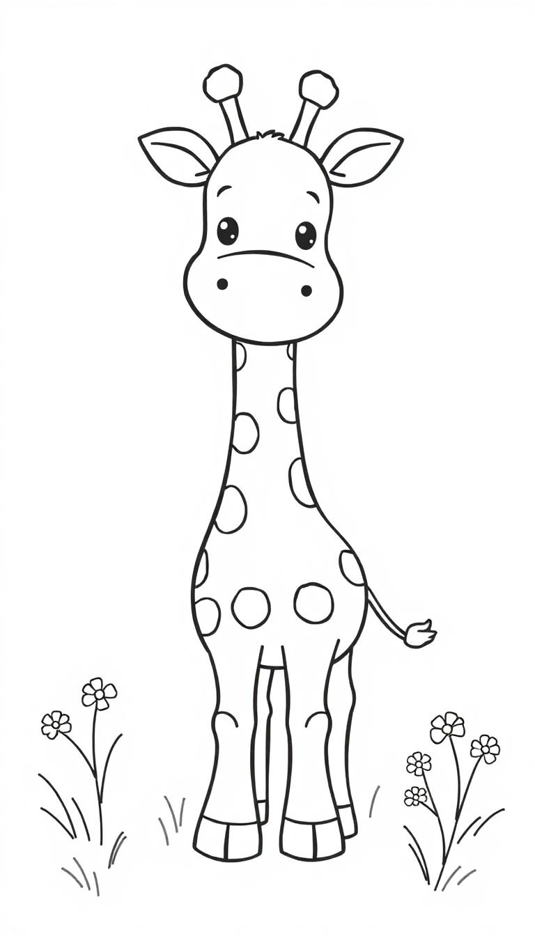 Eine niedliche Zeichentrick-Giraffe mit großen Augen und freundlichem Lächeln, bereit zum Ausmalen.