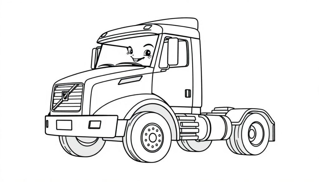 Ein freundlicher Volvo LKW zum Ausmalen, eine Schwarz-Weiß-Farbtafel mit lächelndem Fahrer und großen Rädern.
