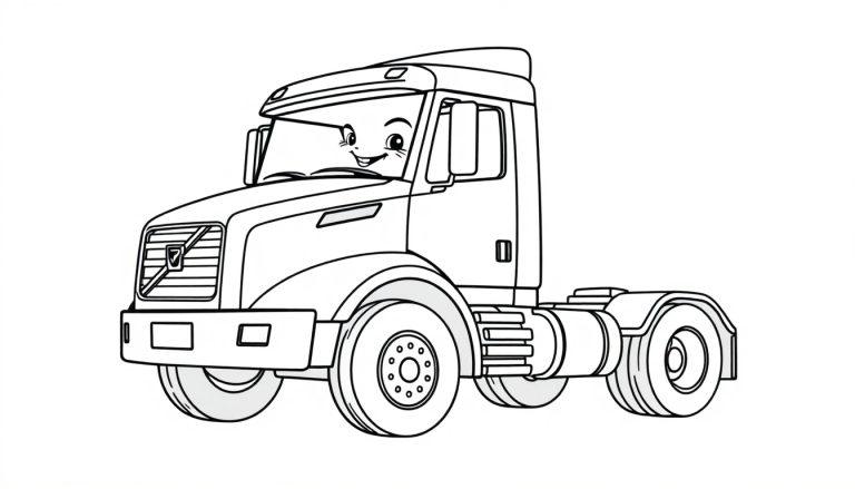 Ein freundlicher Volvo LKW zum Ausmalen, eine Schwarz-Weiß-Farbtafel mit lächelndem Fahrer und großen Rädern.