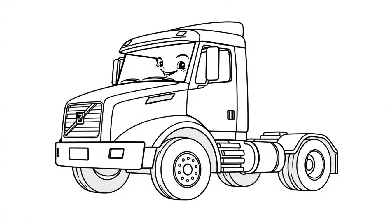 Ein freundlicher Volvo LKW zum Ausmalen, eine Schwarz-Weiß-Farbtafel mit lächelndem Fahrer und großen Rädern.