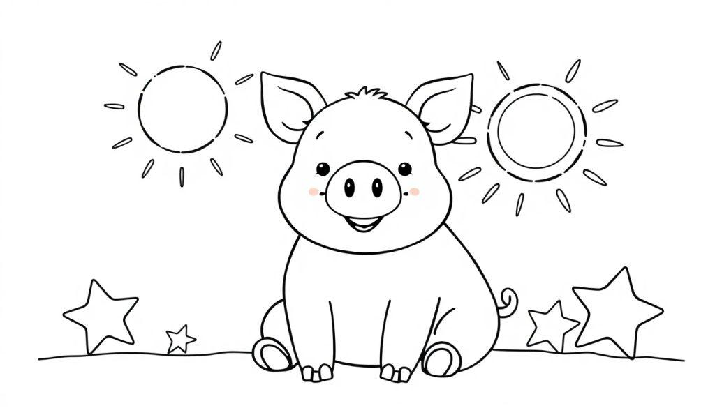 Ein auszumalschweinchen mit einem breiten Lächeln und Sternen im Hintergrund.
