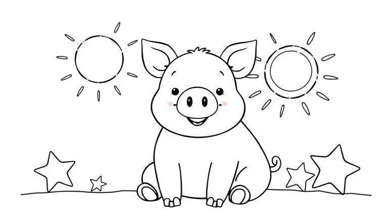 Ein auszumalschweinchen mit einem breiten Lächeln und Sternen im Hintergrund.