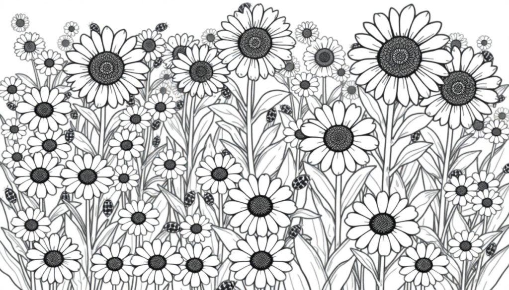 Schwarz-weiße Farbtafel mit einem Feld voller Gänseblümchen und Marienkäfer.