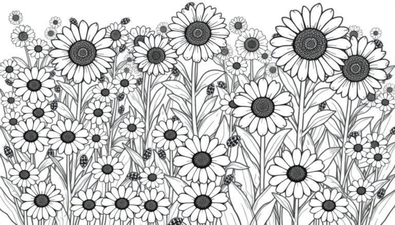 Schwarz-weiße Farbtafel mit einem Feld voller Gänseblümchen und Marienkäfer.