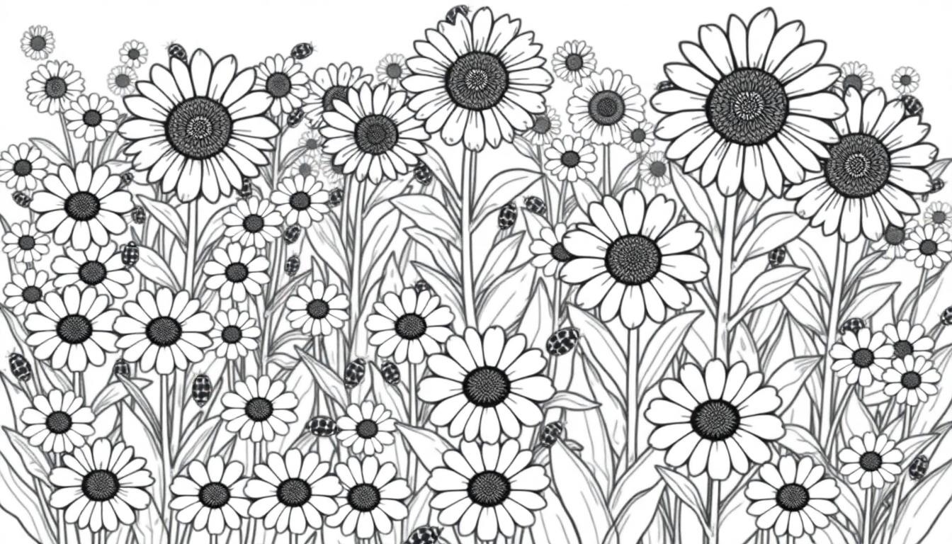 Schwarz-weiße Farbtafel mit einem Feld voller Gänseblümchen und Marienkäfer.