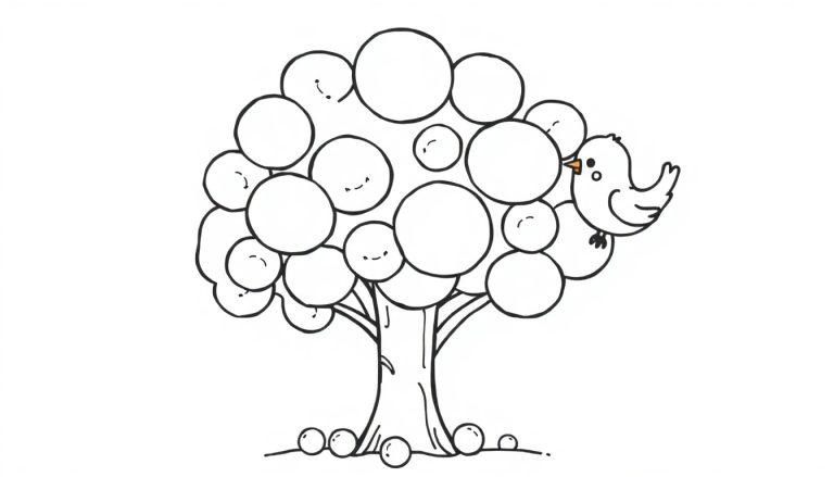 Eine Schwarz-Weiß-Farbtafel eines Baumes mit einem Vogel und lächelnden Blättern.