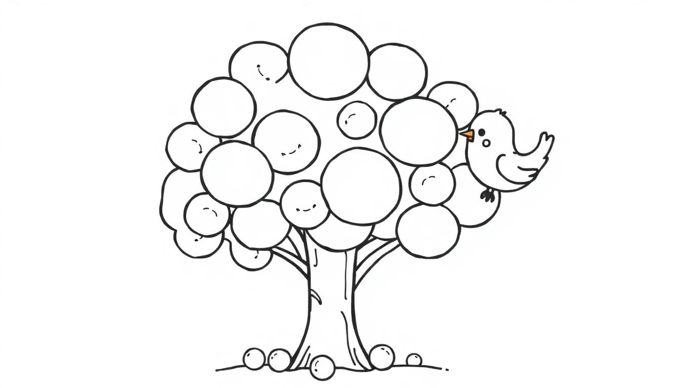Eine Schwarz-Weiß-Farbtafel eines Baumes mit einem Vogel und lächelnden Blättern.