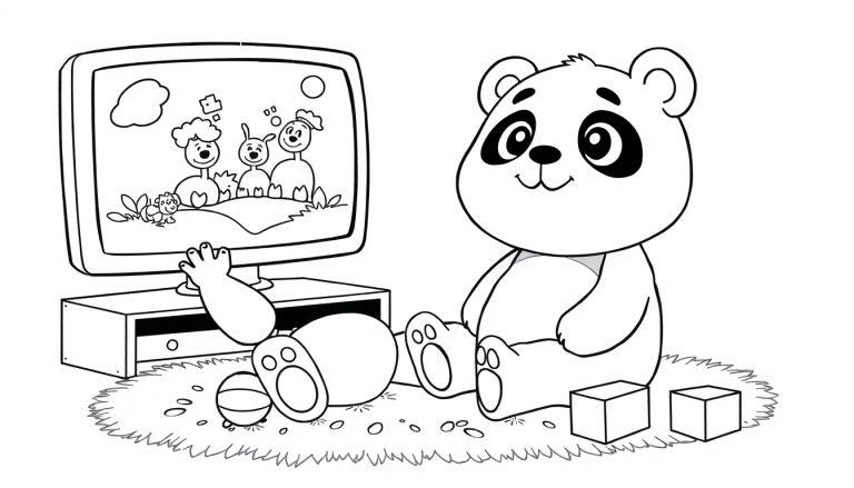 Malvorlage: Ein Cartoon-Panda sitzt auf einem Teppich und schaut fern, umgeben von Spielsachen. Schwarz-weiß.