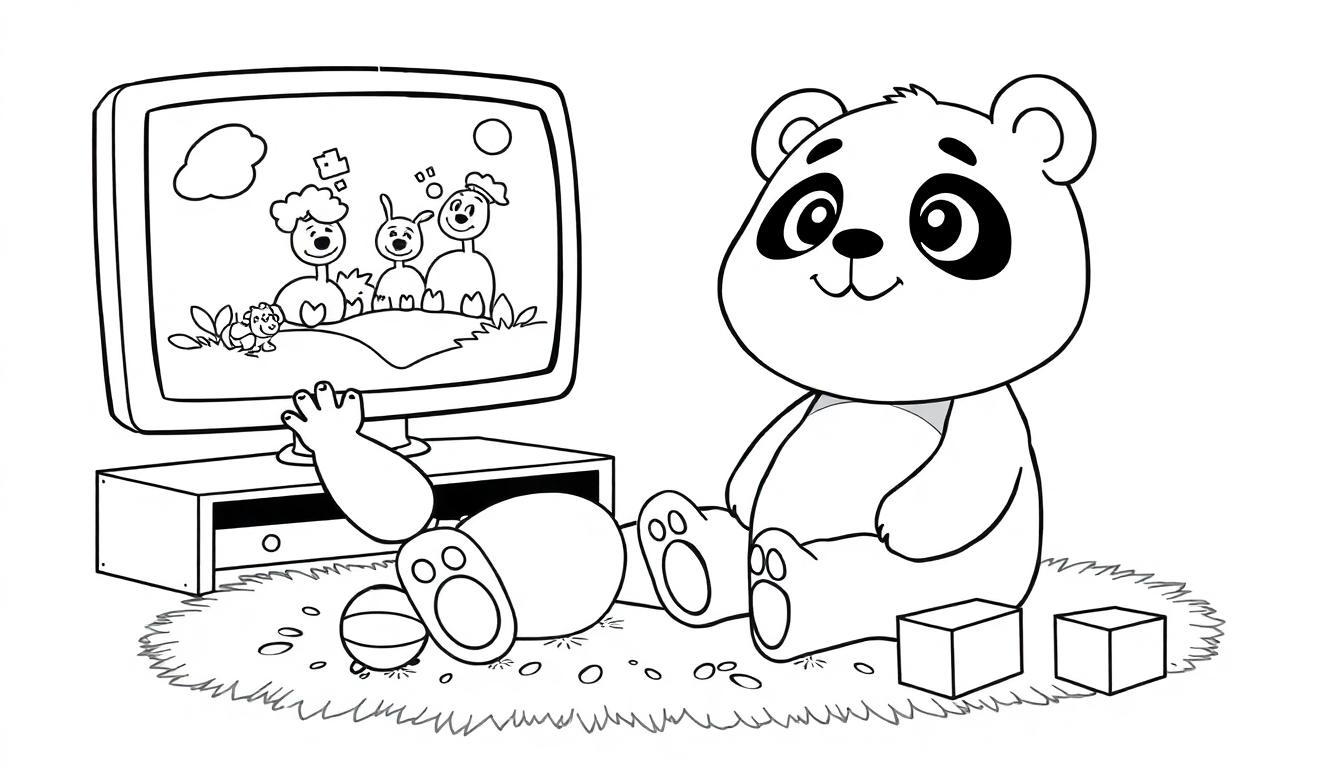 Malvorlage: Ein Cartoon-Panda sitzt auf einem Teppich und schaut fern, umgeben von Spielsachen. Schwarz-weiß.