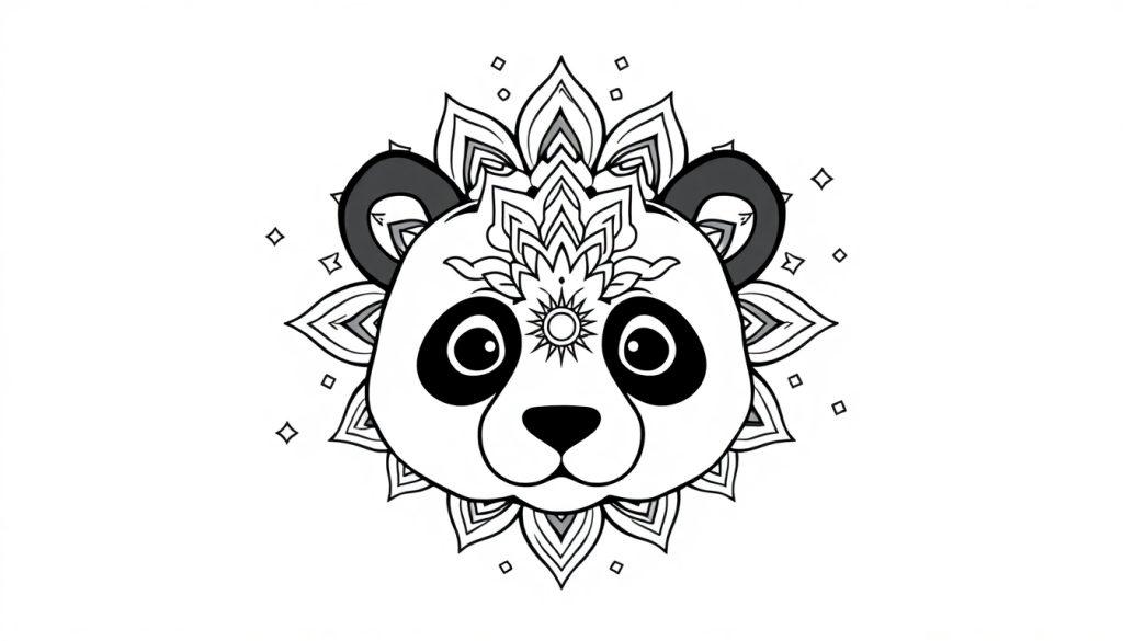 Schwarz-Weiß-Bild eines stilisierten Panda-Gesichts, umgeben von Mandalamustern.