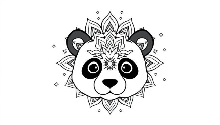 Schwarz-Weiß-Bild eines stilisierten Panda-Gesichts, umgeben von Mandalamustern.