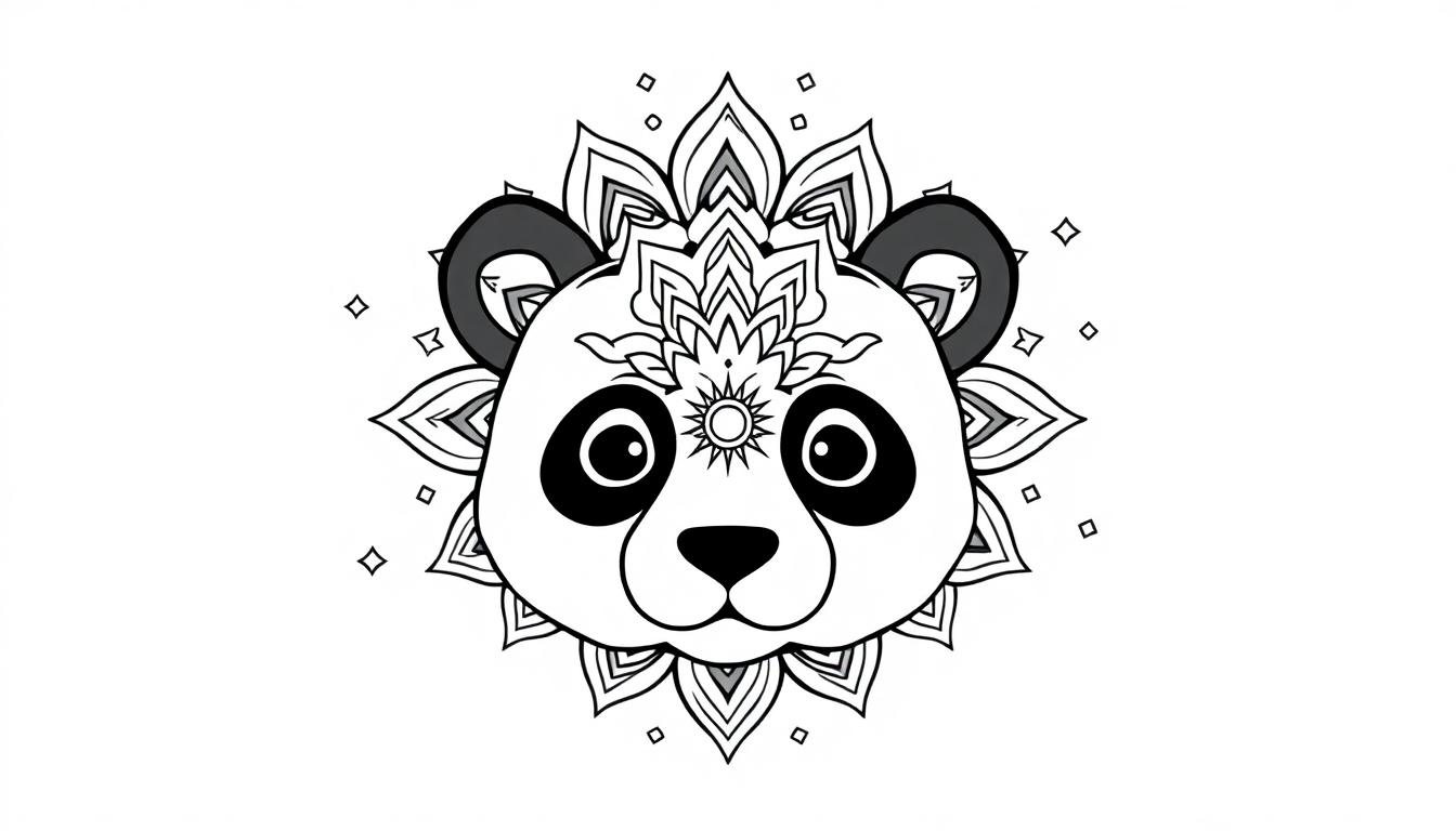 Schwarz-Weiß-Bild eines stilisierten Panda-Gesichts, umgeben von Mandalamustern.