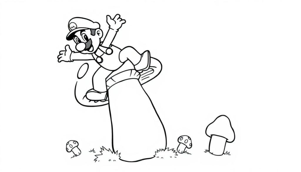 Mario steht auf einem großen Pilz und ist bereit zum Springen, als Schwarz-Weiß-Farbtafel.