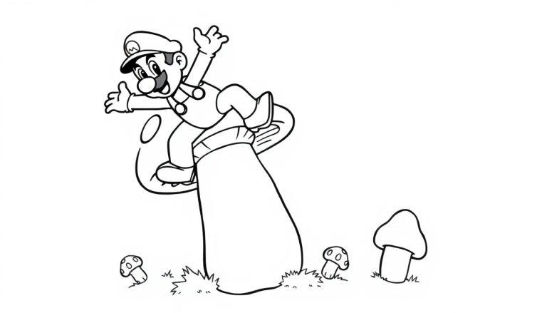 Mario steht auf einem großen Pilz und ist bereit zum Springen, als Schwarz-Weiß-Farbtafel.