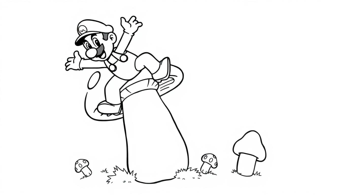 Mario steht auf einem großen Pilz und ist bereit zum Springen, als Schwarz-Weiß-Farbtafel.