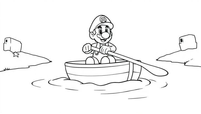 Schwarz-Weiß-Illustration von Mario im Ruderboot auf dem Wasser mit Landflächen und Gebäuden