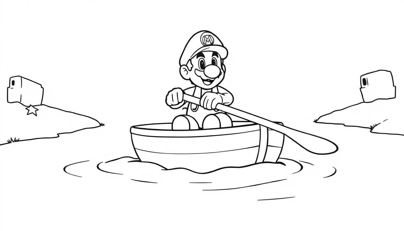 Schwarz-Weiß-Illustration von Mario im Ruderboot auf dem Wasser mit Landflächen und Gebäuden