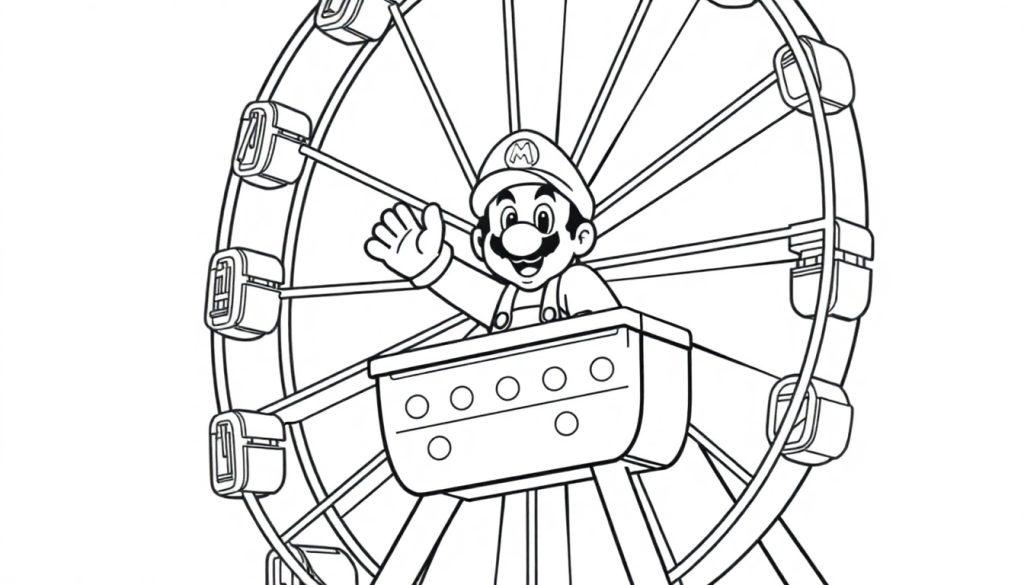 Mario sitzt winkend in einer Gondel eines Riesenrads.